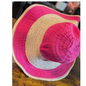 Hogue Distributors Pink Straw Sun Hat Wide Brim Ribbon Beach One Size Women Trip
